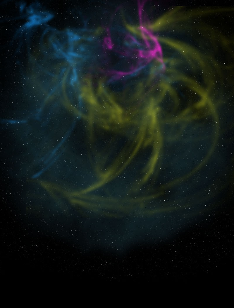 Abstract starry night sky with swirling blue, yellow and magenta nebula-like colors, dark and dreamy mood